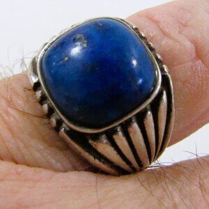 Vintage Sterling Silver Ribbed Ring With Lapis Lazuli Stone Size 9.5-10.5